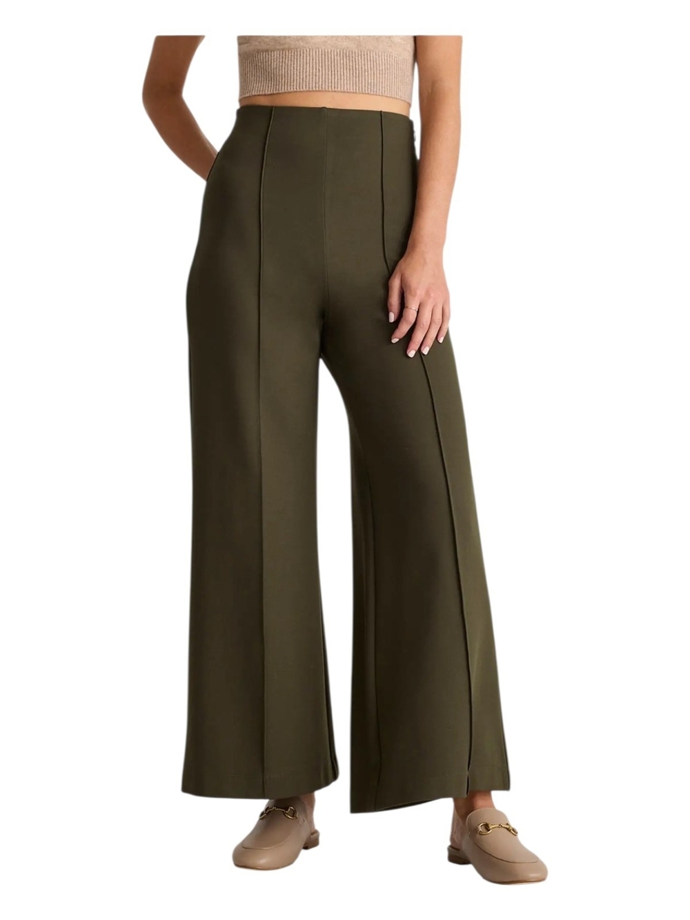 Quince Ultra-Stretch Ponte Super Wide Leg Ankle Pants Olive  Size M
